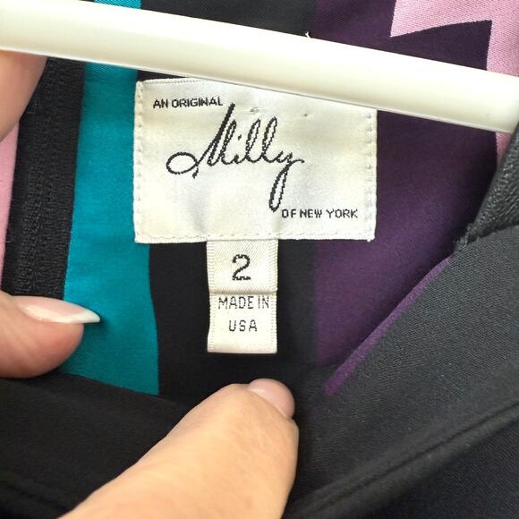 MILLY Silk Shift Dress Geo Print Leather Trim 3/4 Sleeve Multicolor Sz 2 - Picture 4 of 8